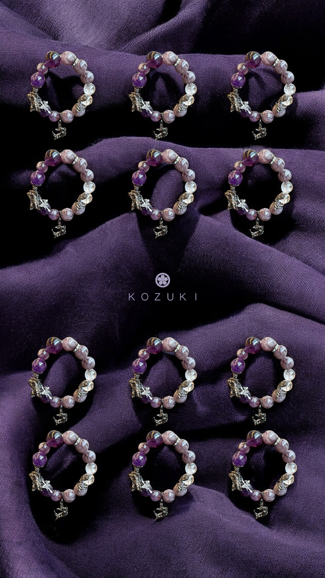 Healing amethyst bracelet with symbolic charms under dreamy light and shadow