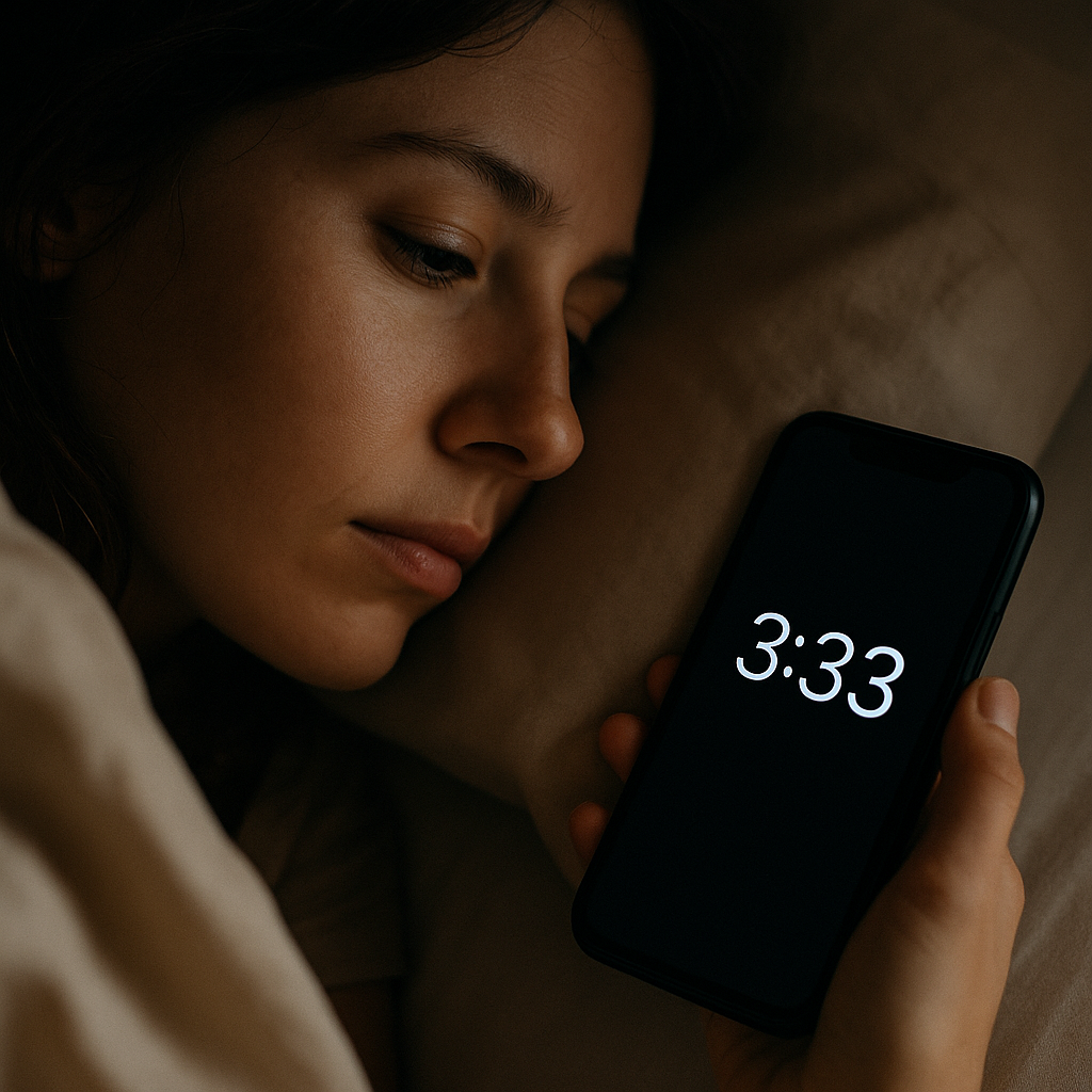 Woman noticing angel number 333 at 3:33 AM on phone in bed