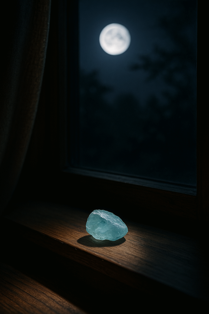 Aquamarine crystal placed on a wooden windowsill under the moonlight, symbolizing a gentle cleansing ritual for the soul