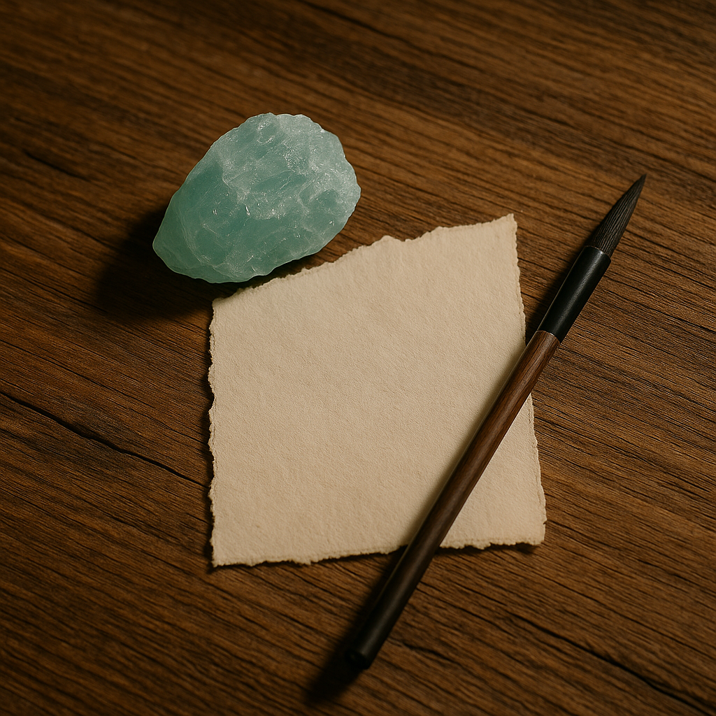 Minimal still-life featuring a raw aquamarine crystal, a torn letter, and an ink brush on rustic wood, capturing the introspective calm of the aquamarine crystal.