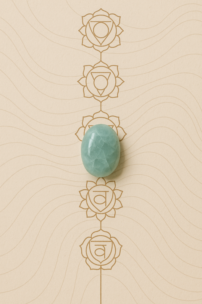 Aquamarine crystal resting on a symbolic throat chakra diagram, representing energetic clarity and healing properties