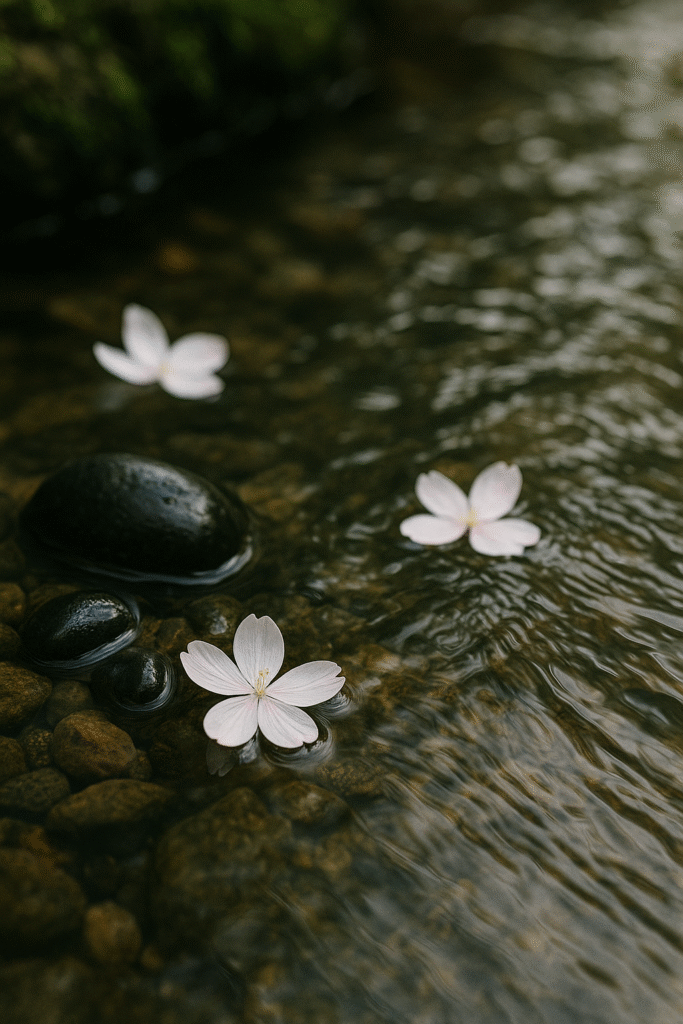 Floating cherry blossom petals and smooth black stones in a gently flowing stream, evoking calm and emotional clarity
