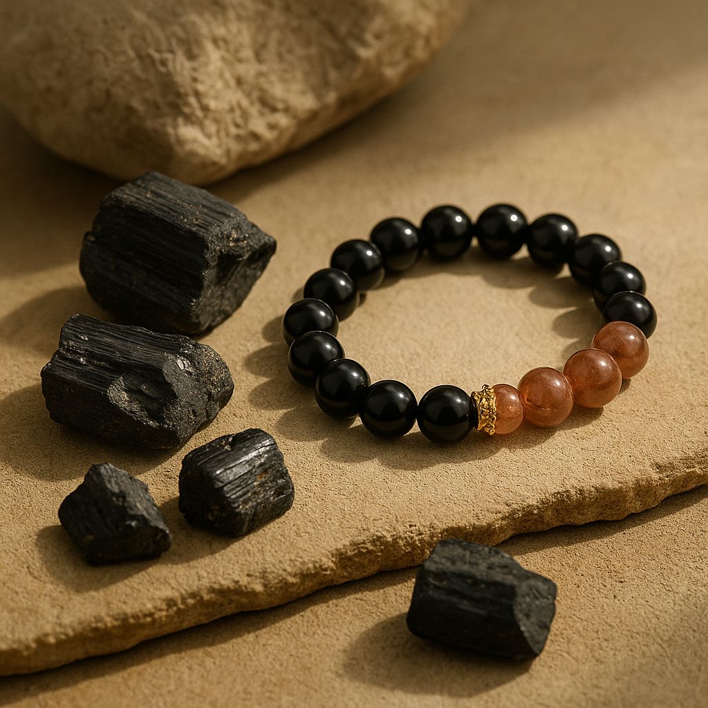 Black Tourmaline bracelet with raw stones arranged on desert-toned surface