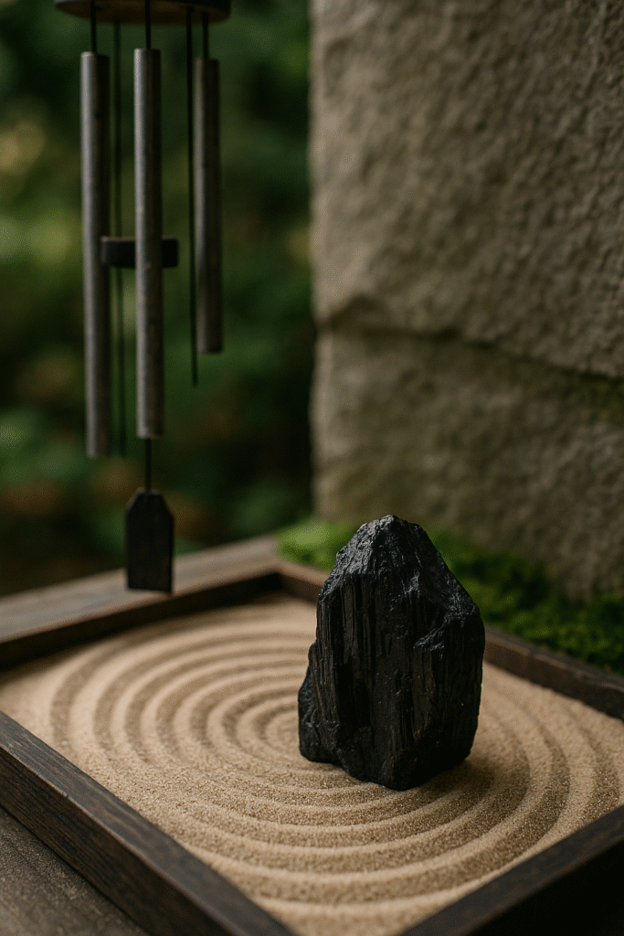 Black Tourmaline placed in Zen sand garden beside traditional wind chime