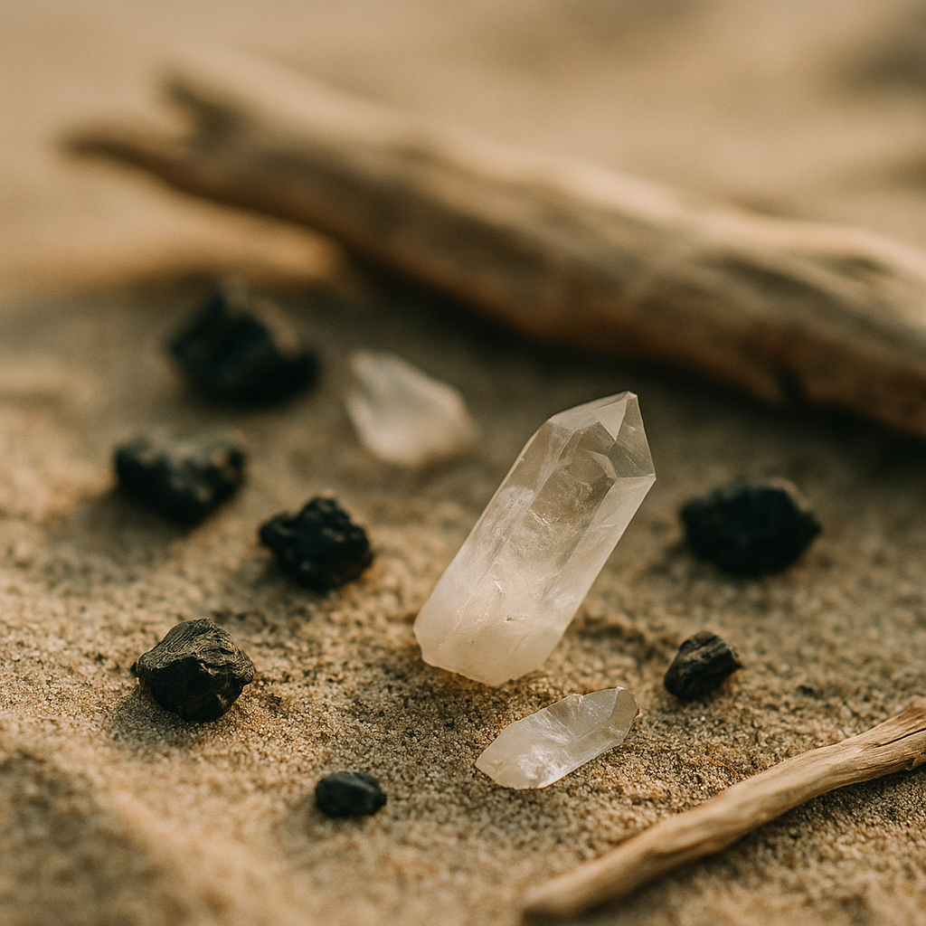 Clear quartz points and raw black tourmaline scattered on soft sand beside driftwood, radiating grounding and clarity