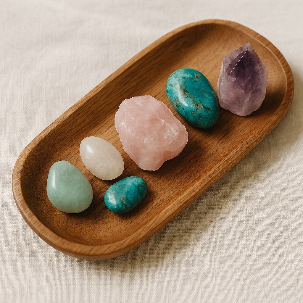 Collection of healing crystals including rose quartz, amethyst, moonstone, amazonite, and chrysocolla on a wooden tray for feminine energy healing