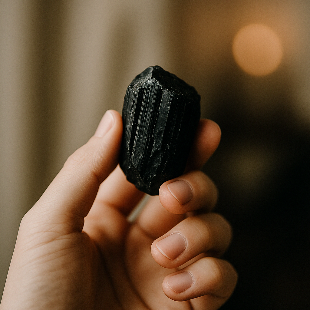 Hand holding a raw Black Tourmaline crystal with warm background lighting