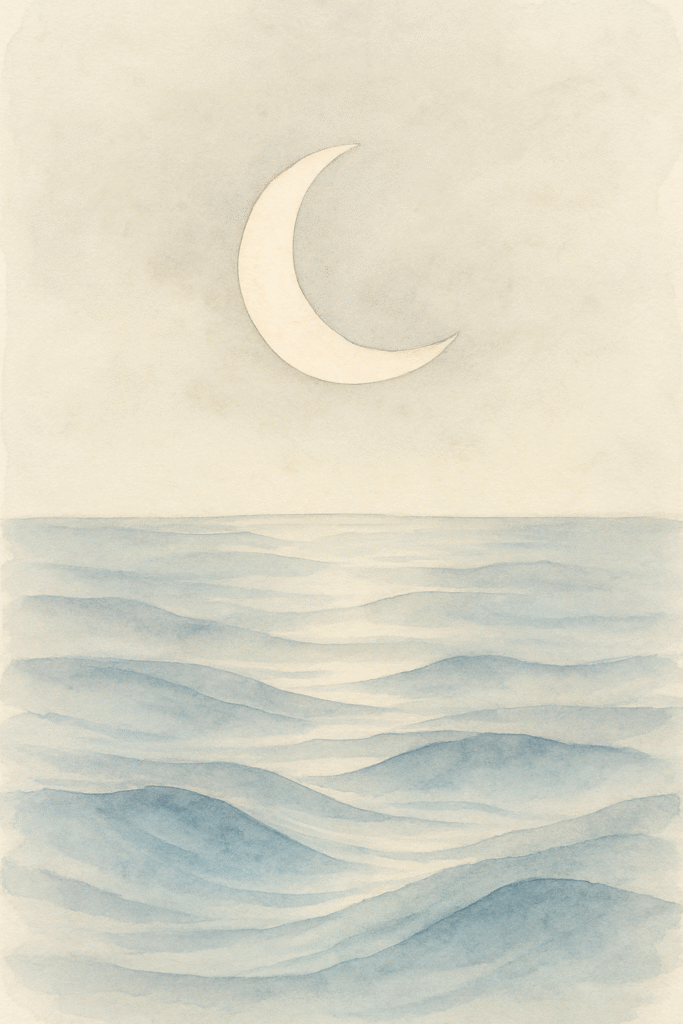 Minimalist watercolor illustration of crescent moon and ocean waves representing feminine energy flow and rhythm